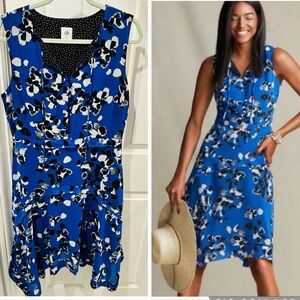 CAbi Electric Blue Floral Asymmetrical Handkerchief Hem Polka Dot Dress Sz M